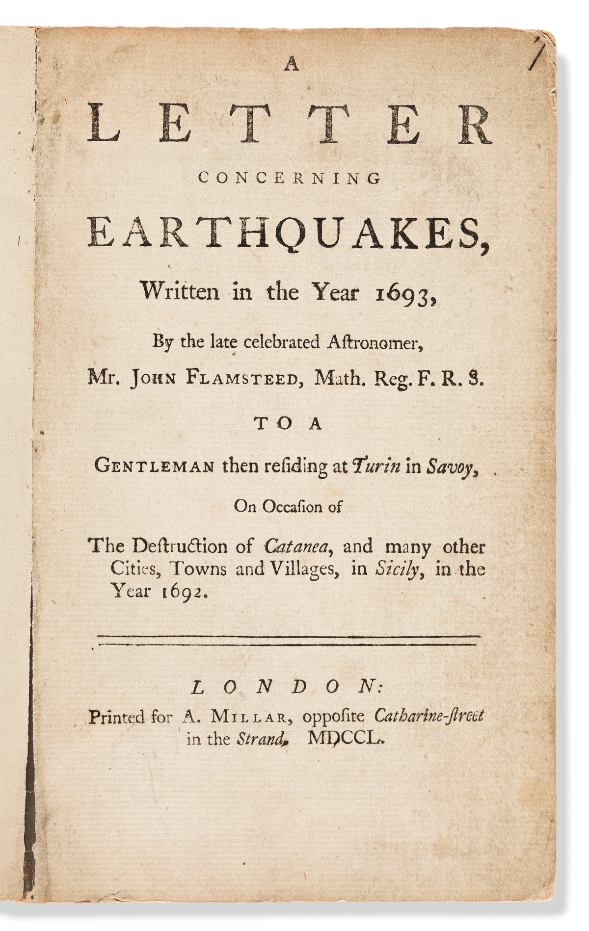Flamsteed, John (1646-1719) A Letter Concerning Earthquakes, Written in the Year 1693.